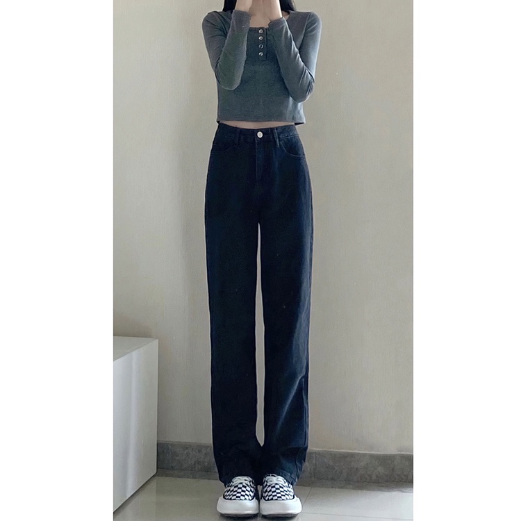 Hitam Korea Highwaist Loose Celana Jeans Panjang Wanita