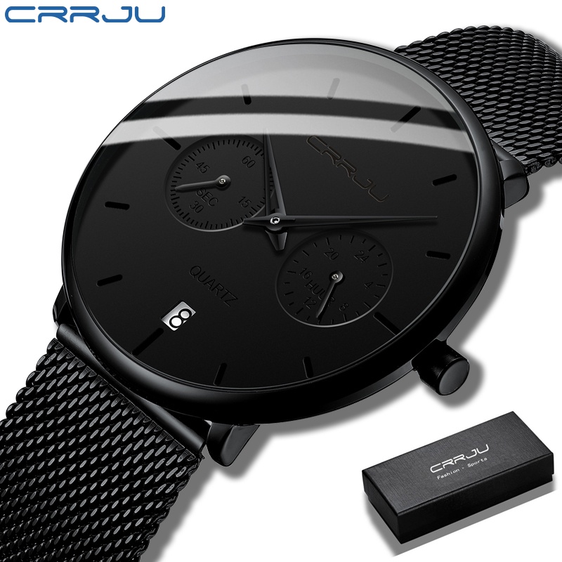 CRRJU Black Watch Men Auto Date Mens Watches Top Brand Luxury Quartz Stainless Steel Waterproof Wrist Watch