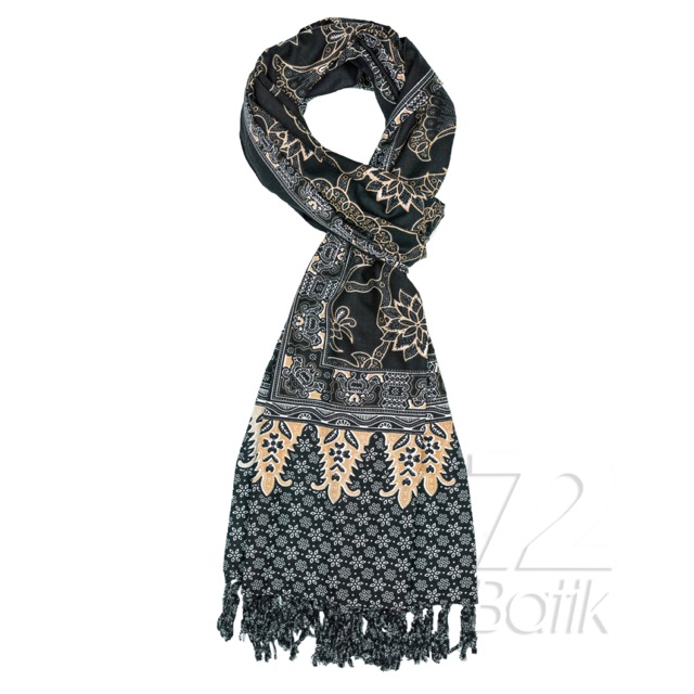 SYAL BATIK SCARFT PREMIUM MOTIF KIPAS BALI WARNA HITAM 725402 CAP 72