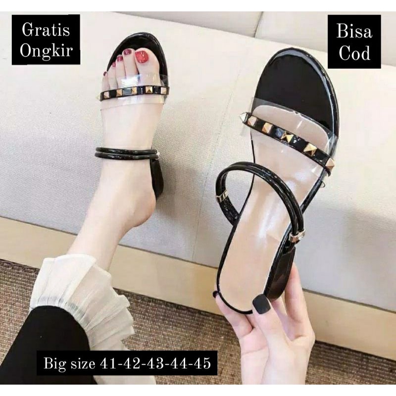 Sandal Heels Wanita 0157VZ Black VLTN Sendal Slop Big Size 41-45 Slop Kaca Pesta Size JUMBO Hitam, 42