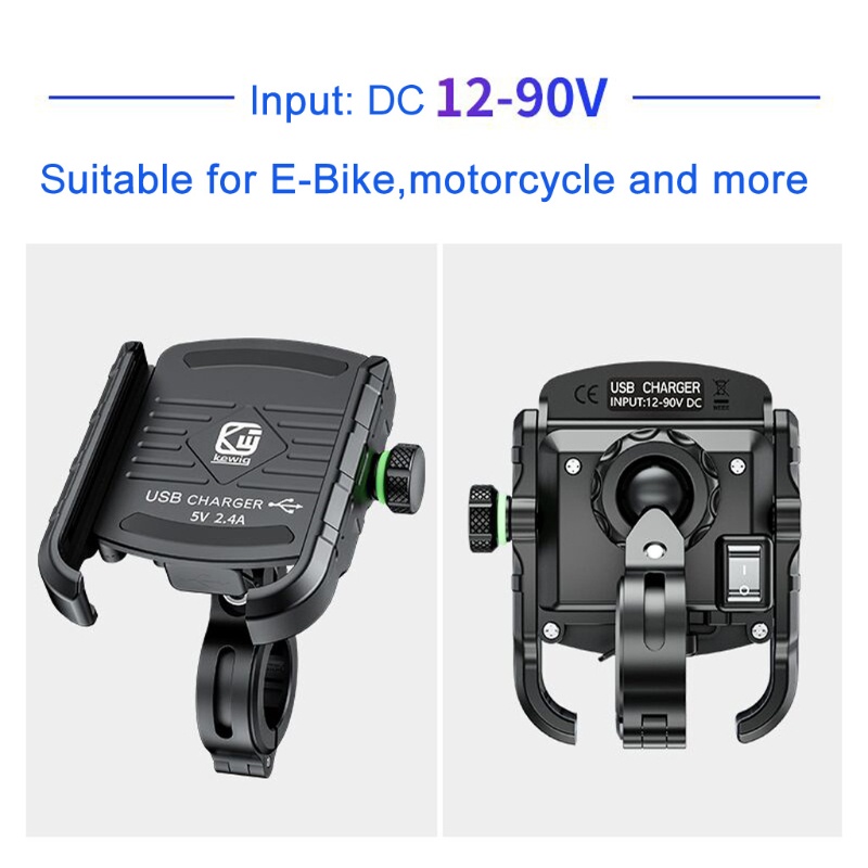 VIVI   Universal Waterproof 12V-90V Motorcycle Phone Holder E-bike Handlebar Rear-View Mirror Cellphone Mount Stand with 2.4A USB Charger