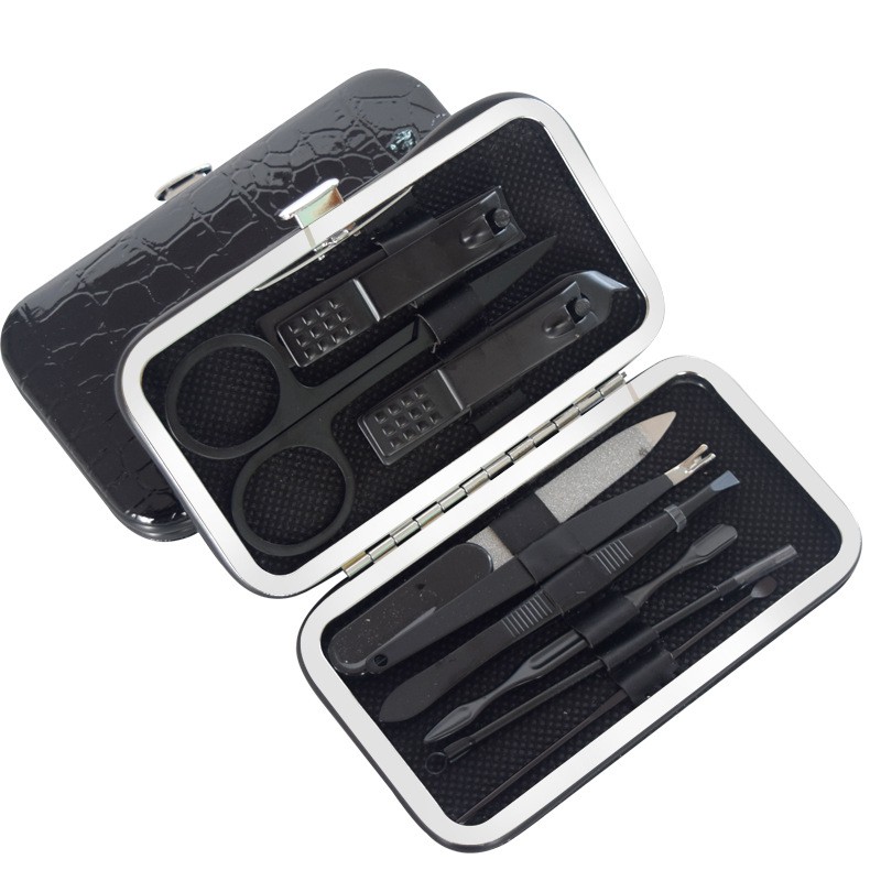 BA 07 SET Dompet Gunting kuku Menicure Pedicure 9 Pcs Premium Hitam