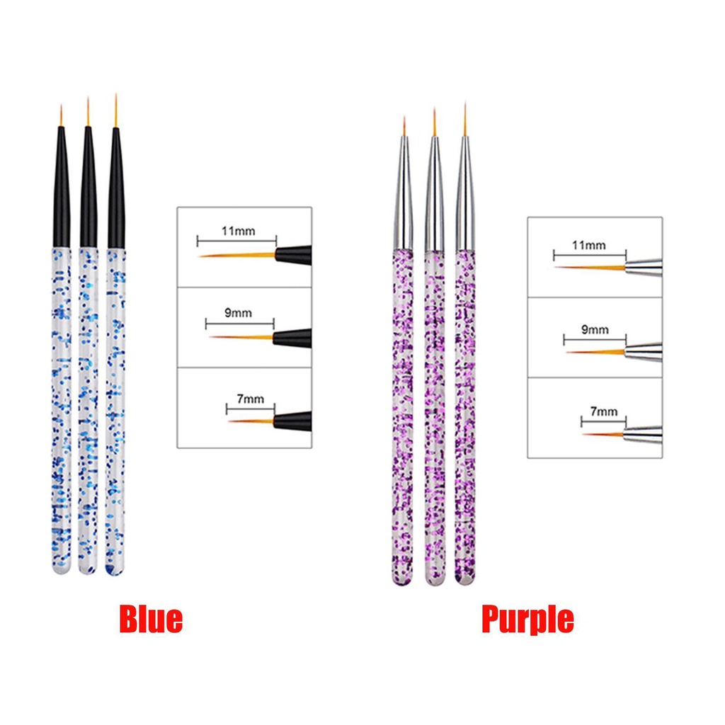 Preva 3pcs/Set Kuas Nail Art Biru/Ungu Alat DIY Manicure Drawing