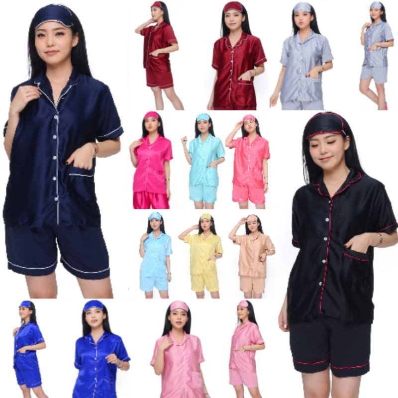 baju satin celana pendek set lengan piyama setelan perempuan dewasa polos piama cewek hotpants