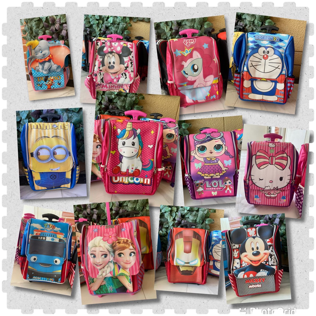 COD ~ 2in1 Troli + Ransel PREMIUM Import quality Tas Troley Sekolah Anak TK-SD Jepang kuda pony pinke pie Pie LOL Doraemon Minion Unicorn Tayo Ironman HeloKity3D Timbul