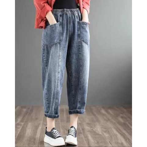 Lia Jeans Baggy Pants Snow Blue Celana Big Size Jumbo Wanita Korean Style Saku Depan Paspol Pinggang Karet