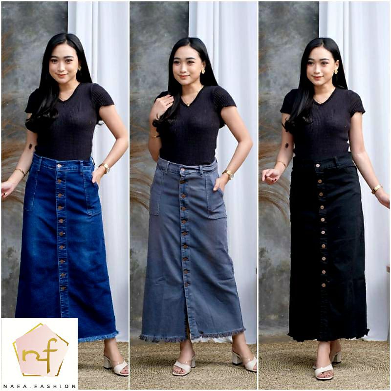 rok jeans panjang gisca kancing depan