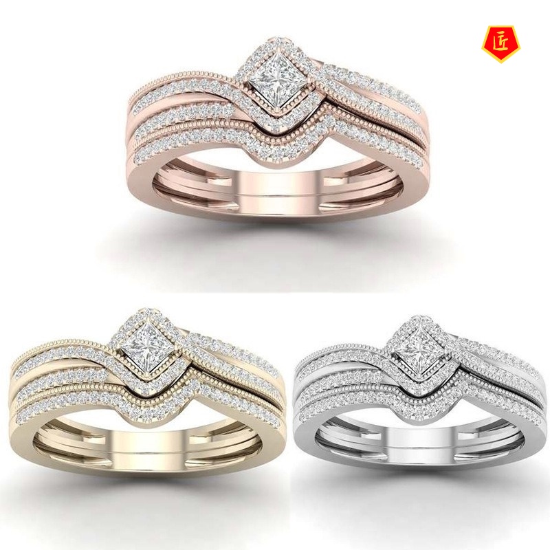 [Ready Stock]Luxury Micro-Inlaid Square Diamond Ring Set