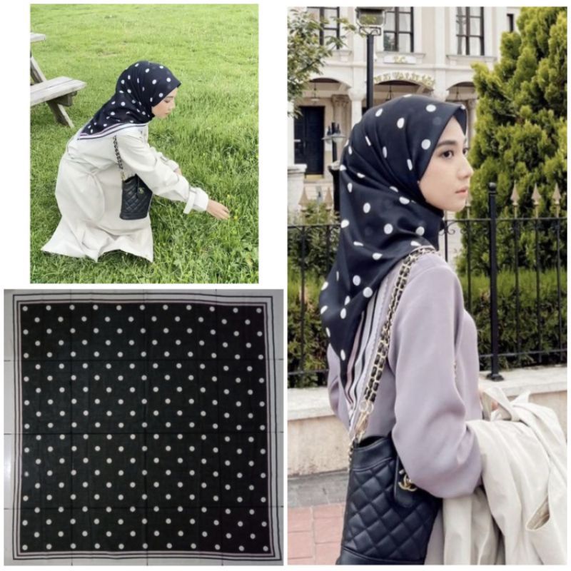 Hijab segi empat voal motif polkadot warna putih hitam
