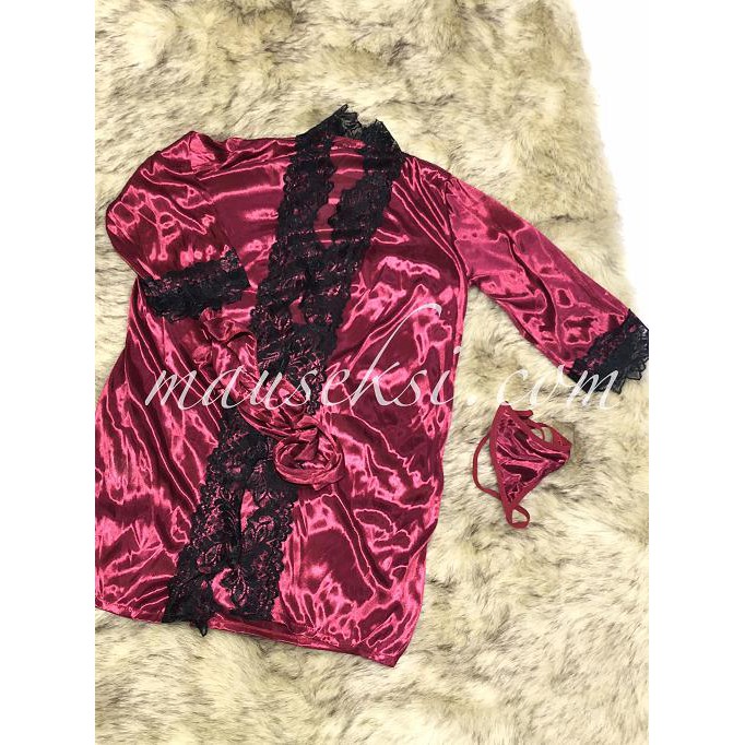 Terlarisseller# Dita Sexy Lingerie Kimono Lace Bathrobe + G String Maroon Red Merah