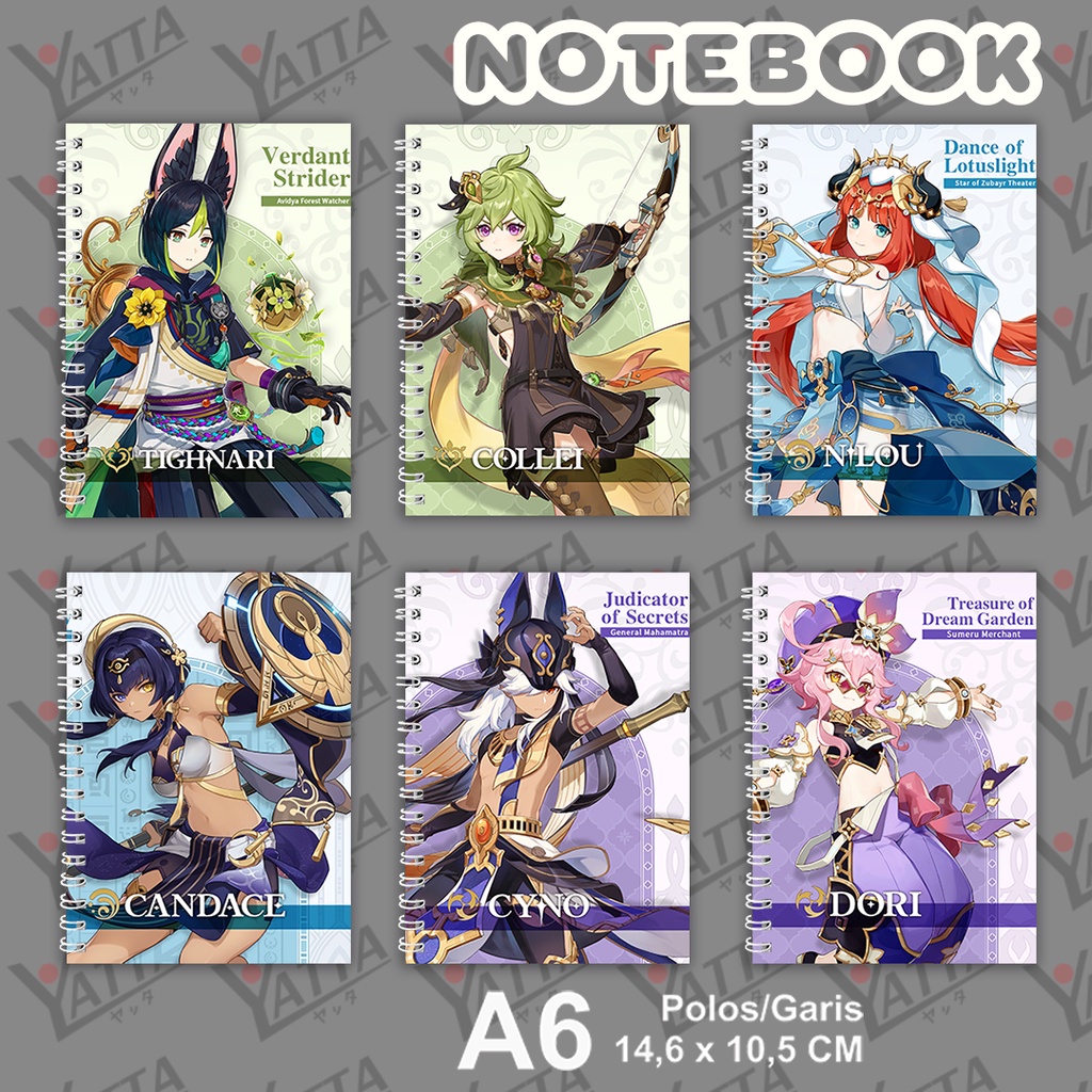 

Notebook Anime Genshin Impact Seri 6 Ukuran A6 14,6 x 10,5 cm Tighnari Collei Dori YOTAKUSHOP
