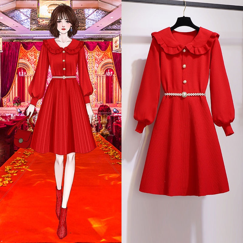 Large women's new year dress women's 2021 autumn and winter new style temperament slim waist red kni