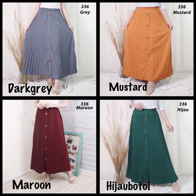 336 - rok plisket kancing pleated skirt flare skirt panjang murah grosir feminim cantik casual polos