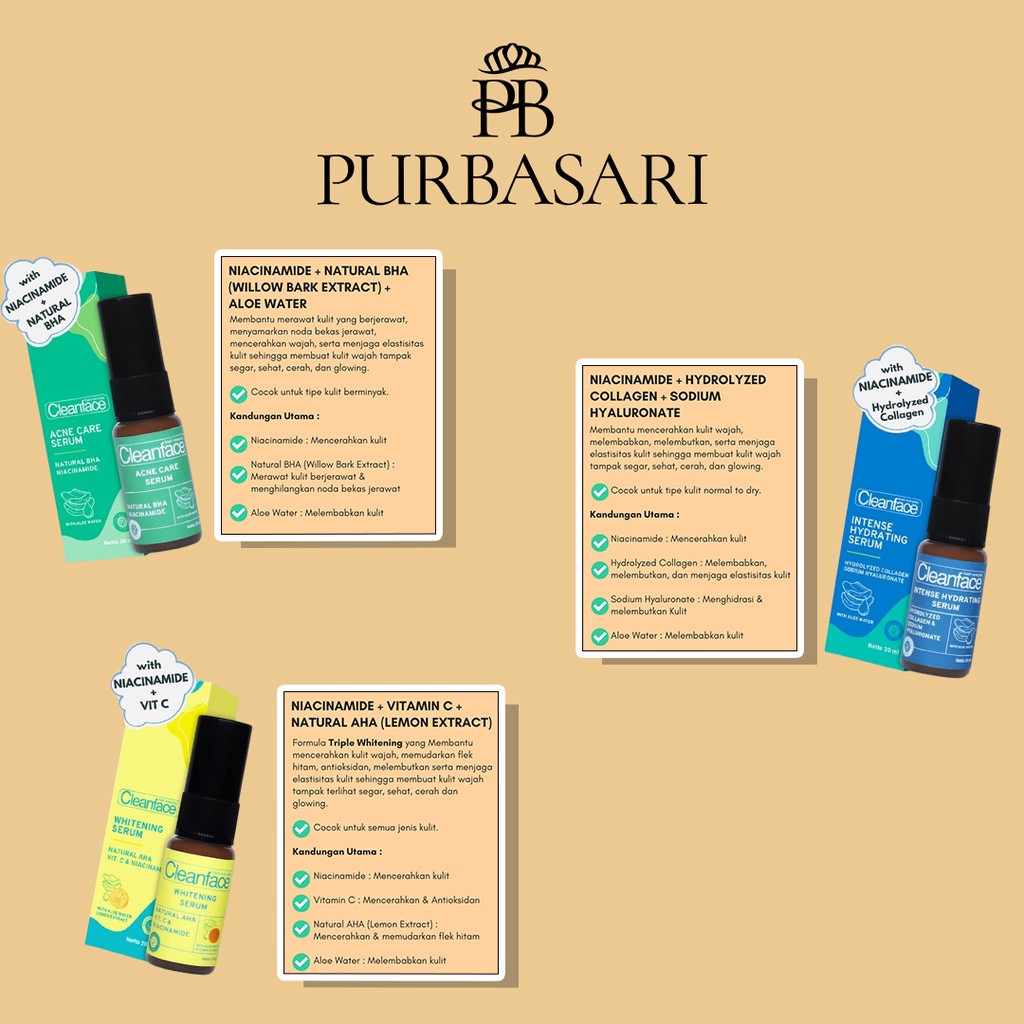 PURBASARI CLEANFACE SERUM 20ML ( WHITENING / ACNE CARE / INTENSE )