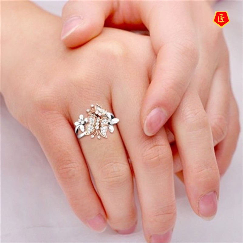 [Ready Stock]Elegant Personality Double Butterfly Diamond Ring 18K Gold