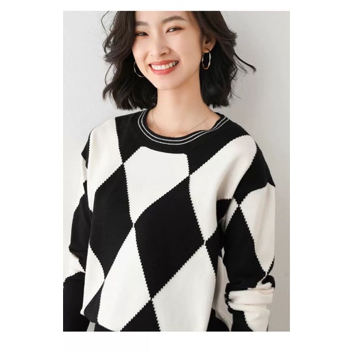 Sweater Karin Knit Import - Blouse Motif Catur Wanita - Atasan Rajut Wanita TM (39109)