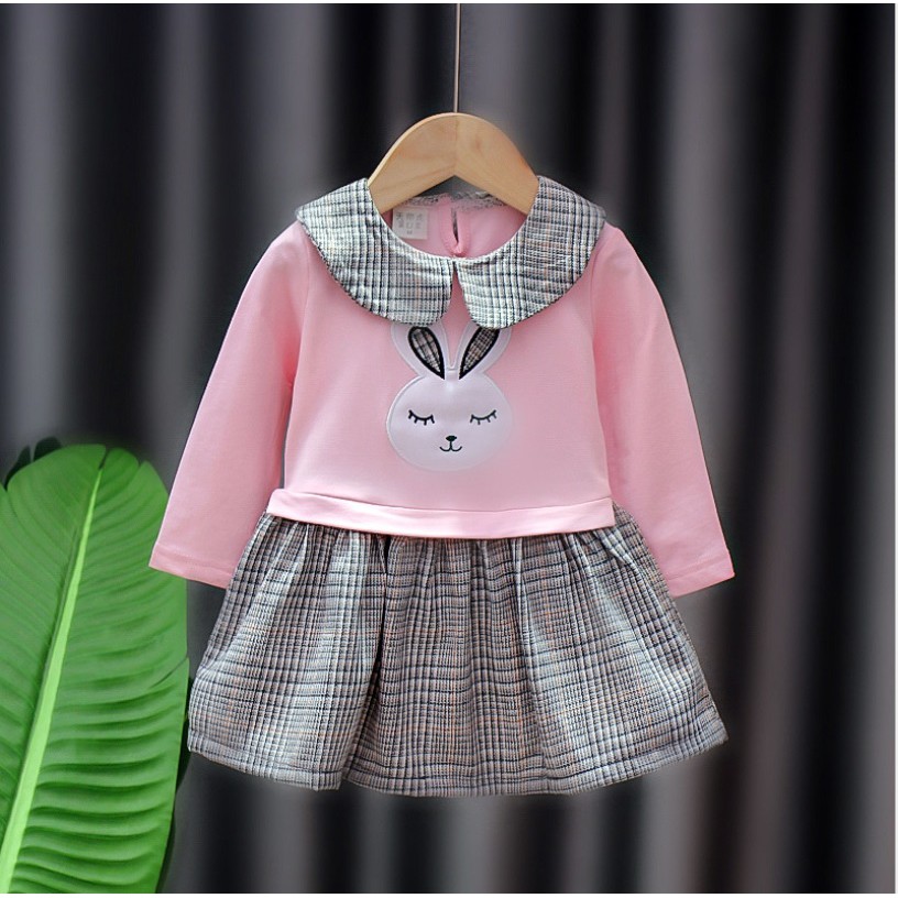 112 Dress lengan panjang bayi /baju dress anak /pakaian bayi anak perempuan motif kelinci kotak-kotak