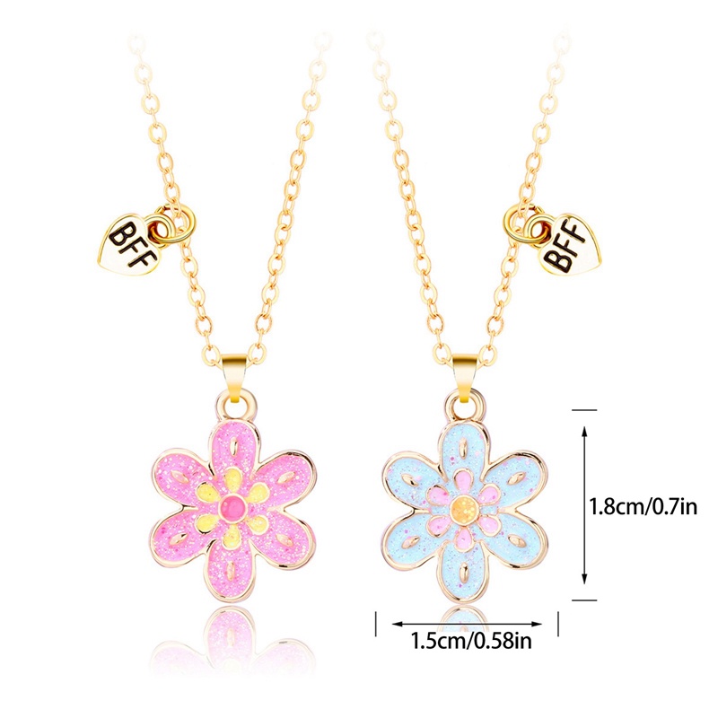 2pcs / Set Kalung Rantai Dengan Liontin Bunga Warna Biru Pink Untuk Anak Perempuan