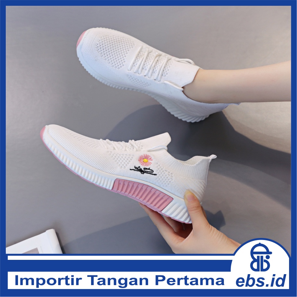 𝐄𝐁𝐒 ✅ SEP008 (Tanpa Kotak) COD Sepatu Sneakers Wanita Putih Hitam Motif Bunga Sporty Model Korea Fashion Casual Sport Olahraga Import SEP008