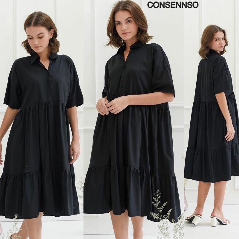 Consenso Poplin ruffle V dress Berkerah