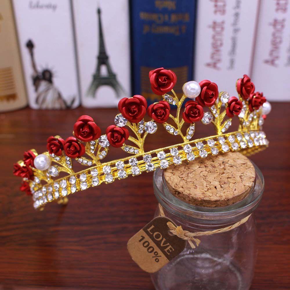 Tiara Pengantin Agustina Elegan Vintage Aksesoris Rambut Bando Mawar Merah Berlian Imitasi Rambut Mahkota