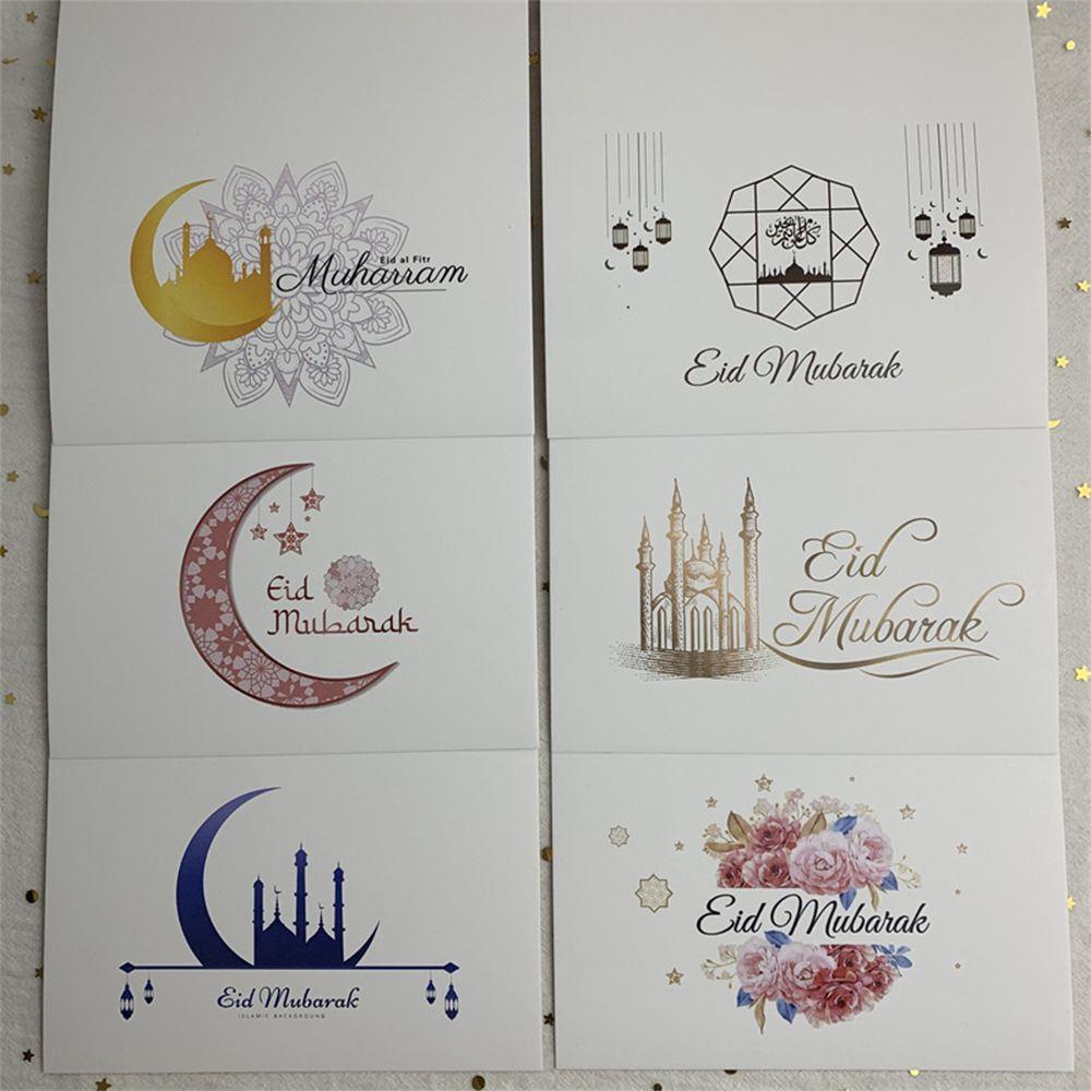 Solighter 6pcs/set Kartu Eid Mubarak Dengan Amplop Kareem Party Gereja Ramadan Greeting Card