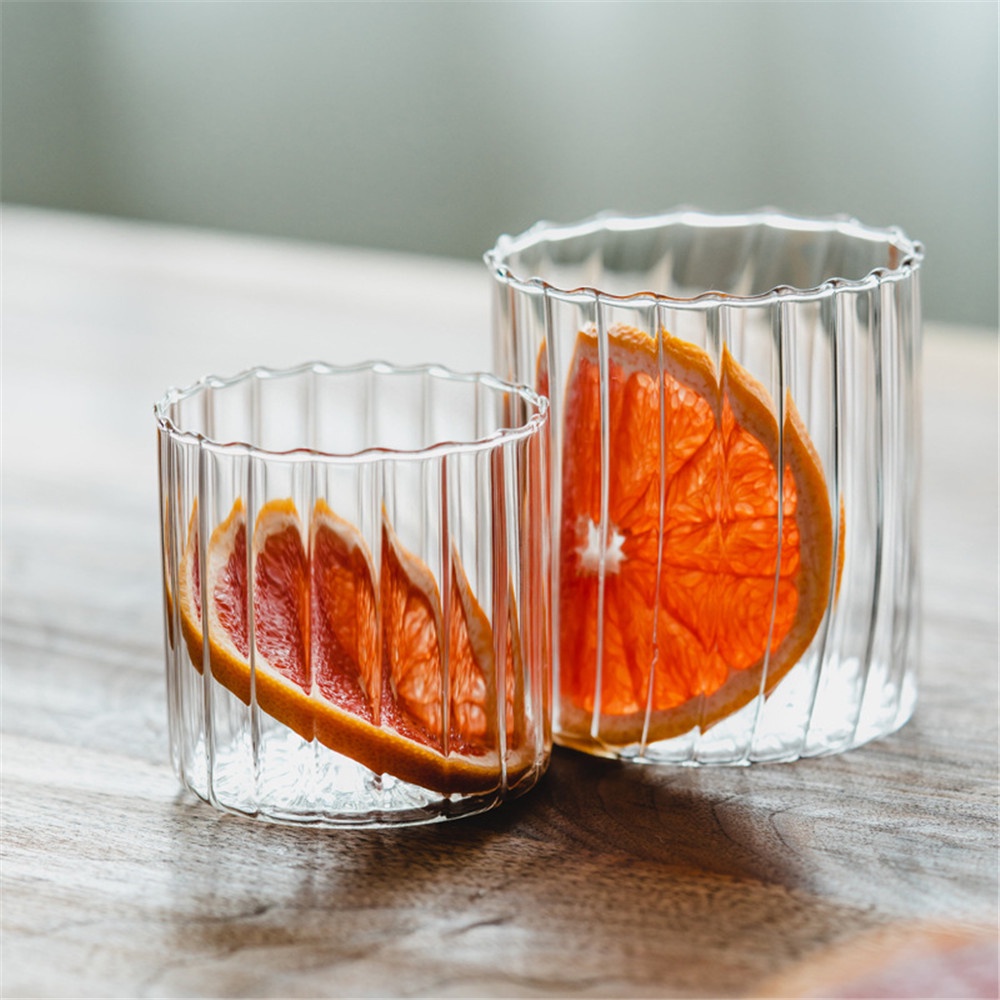 【COD Tangding】250/450ML Home Creative Breakfast Milk Cup Striped Corrugated Cup Cup Glass Gift