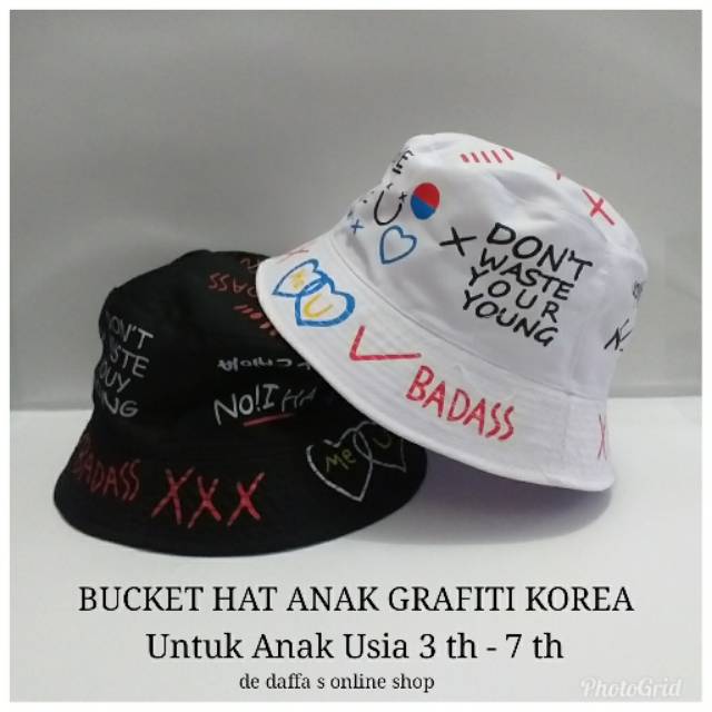 Topi Bucket Hat Anak Graffiti Korea / fisherman -  HITAM