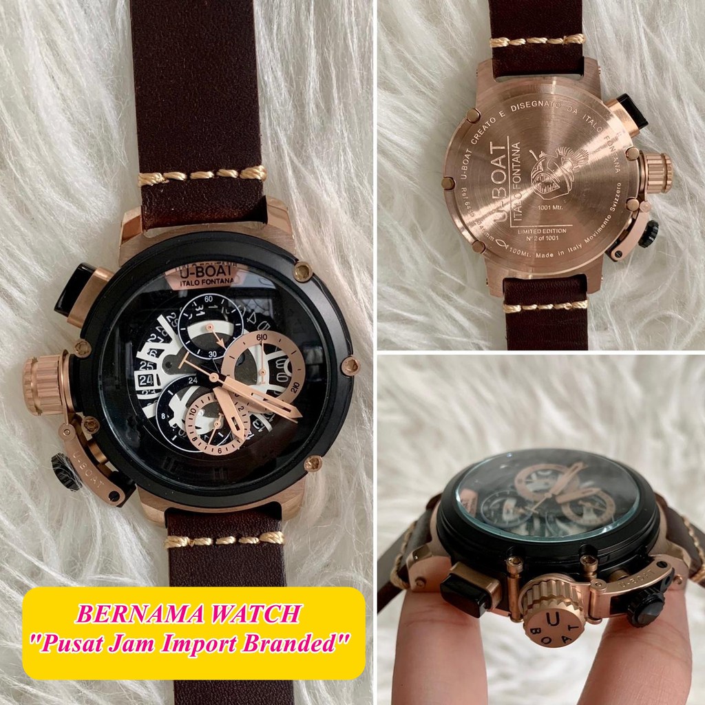 Bayar Di Tempat Jam Besar Mewah Uboat Hitam Putih Rose Baterai 48mm Spesial Kaca Safir Garansi 1th