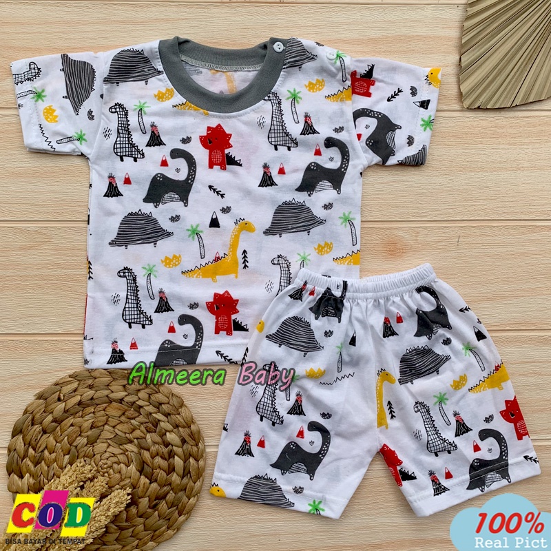 Setelan Baju Bayi Lengan Pendek Motif Dino Anak Usia 3-12 Bulan Almeera Baby and Kids