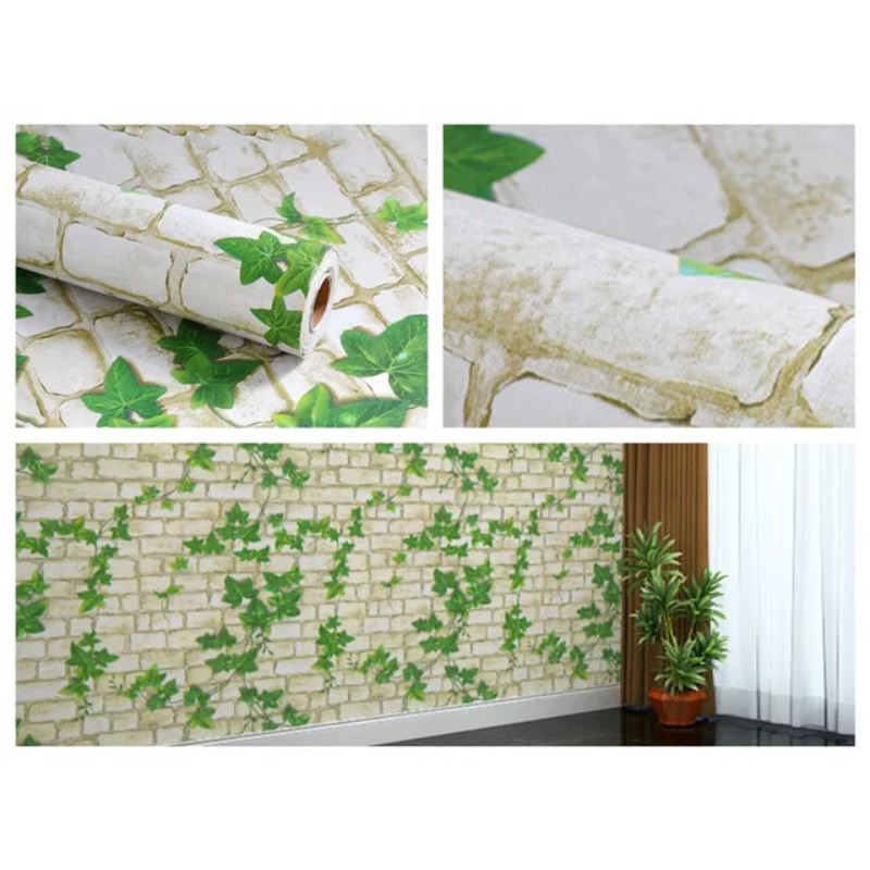 WALLPAPER DINDING MOTIF BATA DAUN PUTIH 10m x 45cm