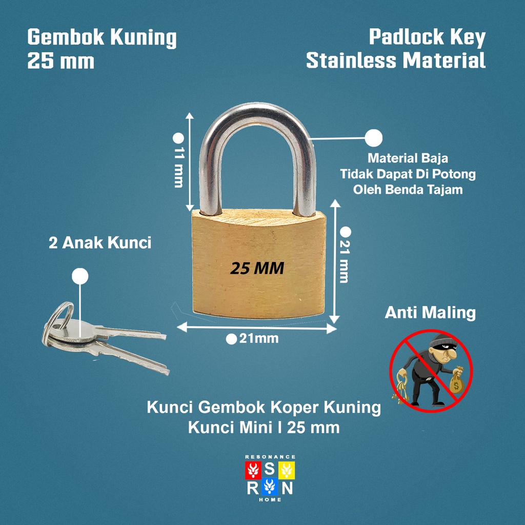 Kunci Gembok Koper Kuning Mini 25mm Resonance Home