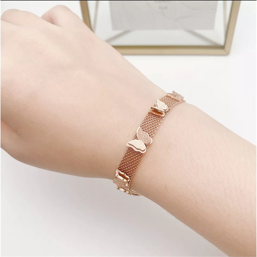 Gelang Jaring Titanium Aksen 5 Kupu-Kupu Tersedia Warna Rose Gold, Gold dan Silver