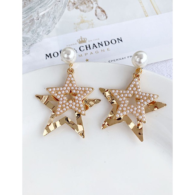 LRC Anting Tusuk Fashion Gold Alloy Pearl Pentagram Stud Earrings F66533