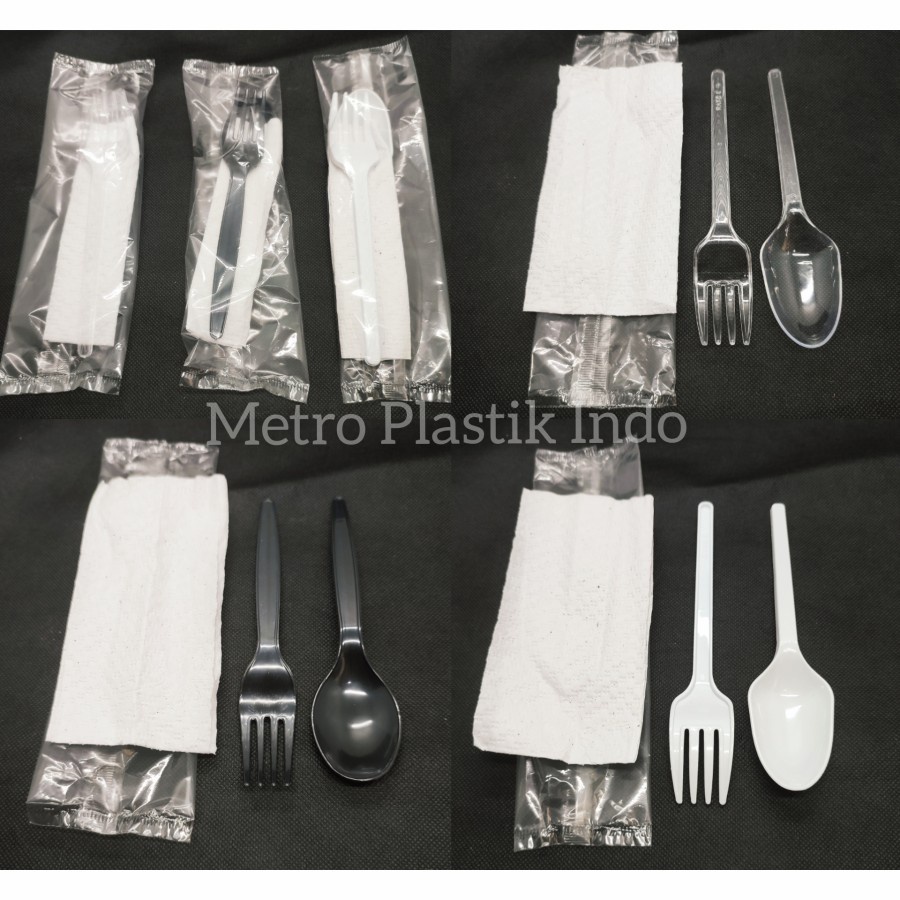 Sendok Garpu Plastik set | Garpu Plastik | Tisu | Paket Sendok Garpu Tissue - Bening - Hitam - Putih
