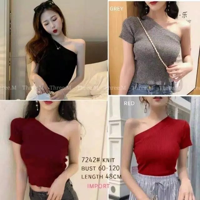 [RESTOCK] Korea Knit One Shoulder Crop Top Wanita Baju Sexy Cewek - Putih