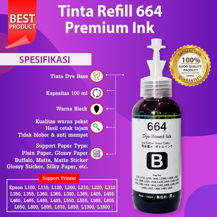 Tinta Epson 664 L120 L200 L310 L360 L365 L380 L365 L1300 L110 L210 L350 L800 L805 L850 L1800 L365 L310 L360 L220 L565 L120 L355 L550 L555 L405 L455 L385 L380 L650 L460 L465 L480 L485 L605 Black Color Hitam Warna Original Premium Ink