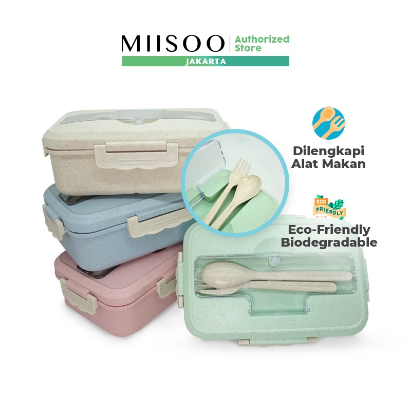 MIISOO Lunch Box Set Kotak Bekal Makan Jerami Gandum kotak makan Anti Tumpah Free Sendok dan Garpu