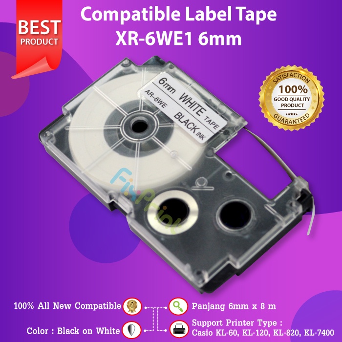 Compatible Label Tape Casette XR-6WE1 XR-6 Black On White 6mm, Printer Casio KL-60 KL-120 KL-820 KL-7400