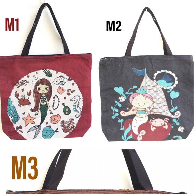 Tas tote bag wanita kanvas mermaid series import