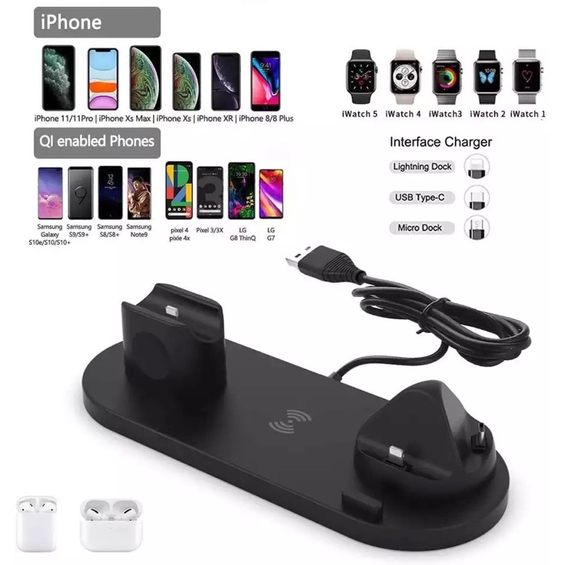 ELAVO 6 in 1 wireless charging Dock handphone 10W HP iphone 8 X XR XS 11 12 13 Pro max Mini  FAST Charging samsung s6 s7 s20 s10 note 8 9 10 apple watch 2 3 4 5 6 airpods 1 2 charger