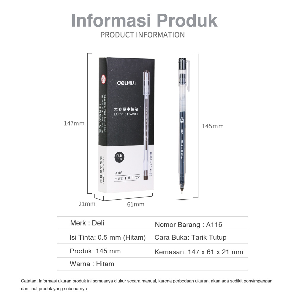 Deli Gel Pen Pulpen Gel kantor kuliah sekolah Warna Hitam Biru Merah 0.5mm warna cerah terang penulisan tulisan halus kapasitas tinta besar LARGE INK CAPACITY, nyaman di genggam anti bocor tidak macet dan tidak luntur  A116