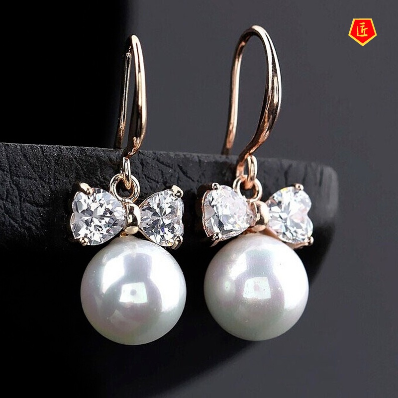 [Ready Stock]Women's Bow Pearl Diamond Earrings Small and Cute