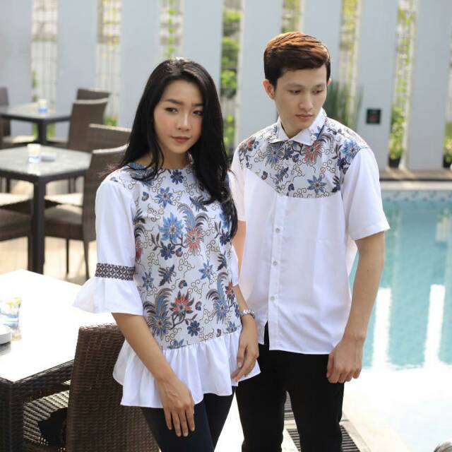 Kemeja Hem Dan Blouse Couple Batik Putih Pria Dan Wanita M L XL XXL