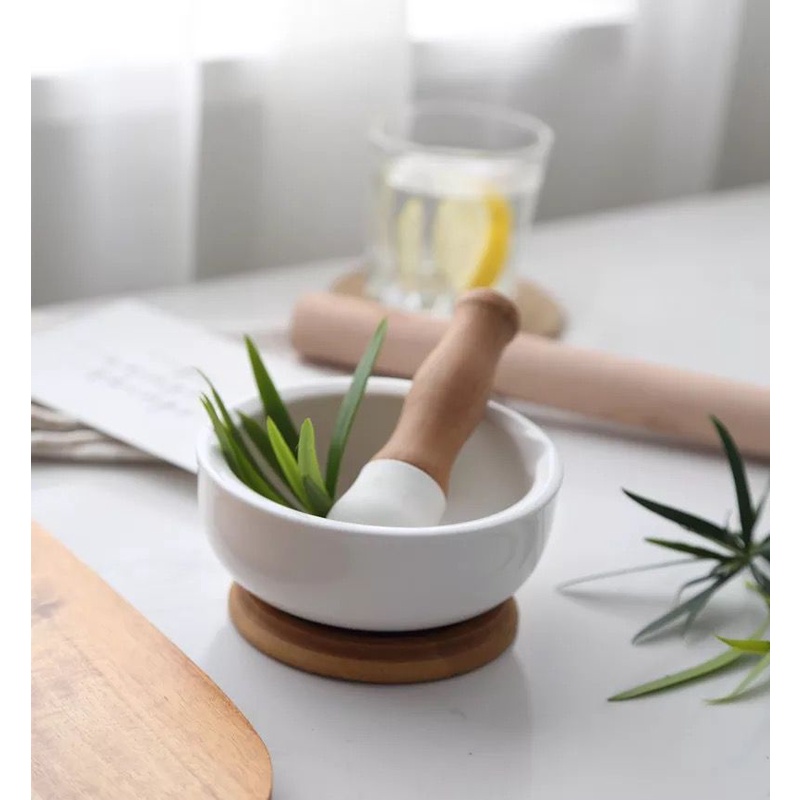 cobek keramik handle bambu / mortar pestle ceramic bamboo handle / ulekan tumbukan serbaguna bumbu dapur obat apotek