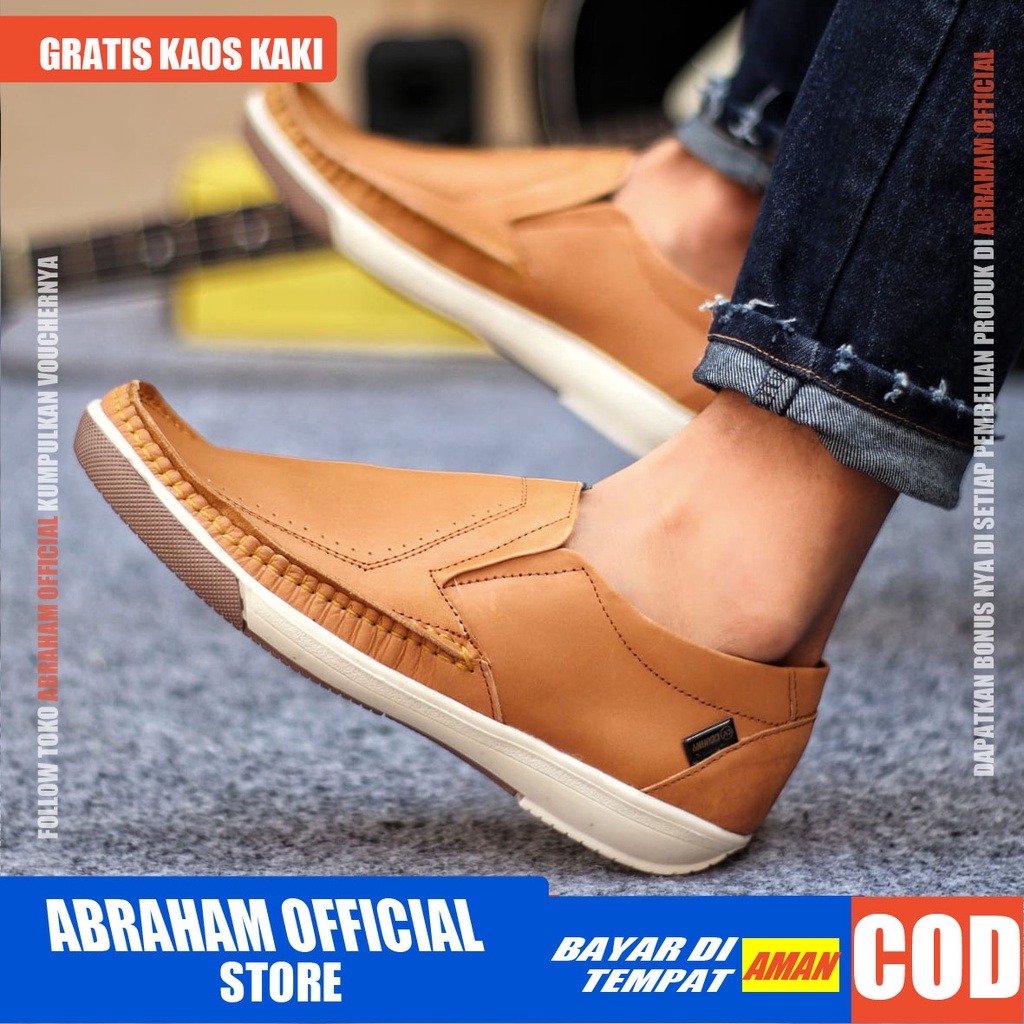 ABRHM X SANDRO Sepatu Slip On Pria Sepatu Pria Casual Cowok/Cowo Kulit Asli Sepatu Kasual Slop Anti Slip Semi Formal Kerja Kuliah Gaya Santai Keren Kekinian Original Murah Terlaris