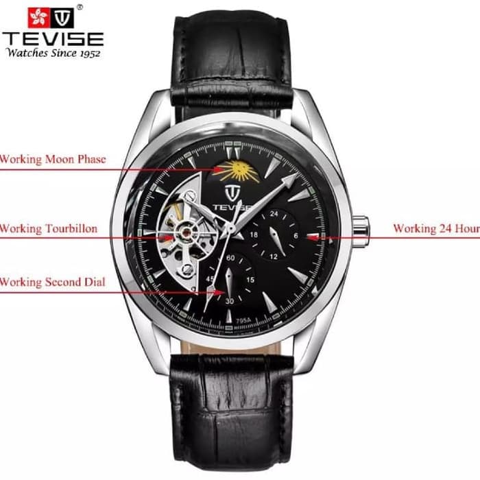 Jam Tangan Mekanik Automatic Tevise Tourbillon Fase Bulan Silver Black