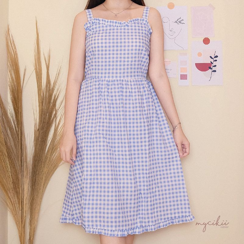 MyCikii Blue Square Sleevless Dress / dress kotak-kotak tanpa lengan / dress import wanita gaya kore