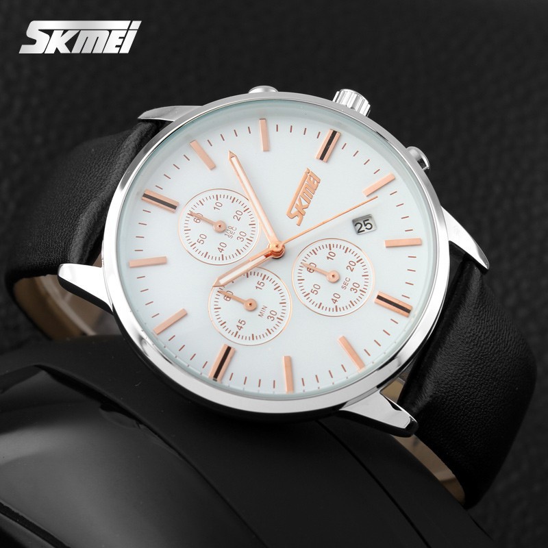 SKMEI 9103 Jam Tangan Pria Analog Chronograph Tali Kulit WATCHKITE WKOS
