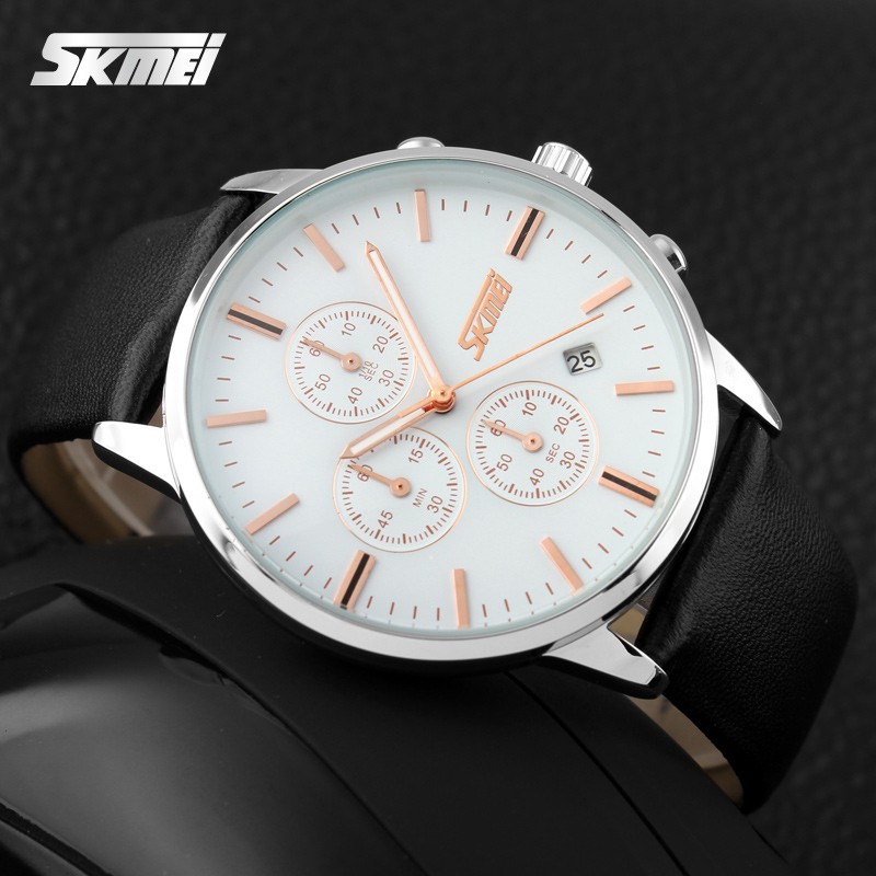 SKMEI 9103 Jam Tangan Pria Analog Chronograph Tali Kulit WATCHKITE WKOS